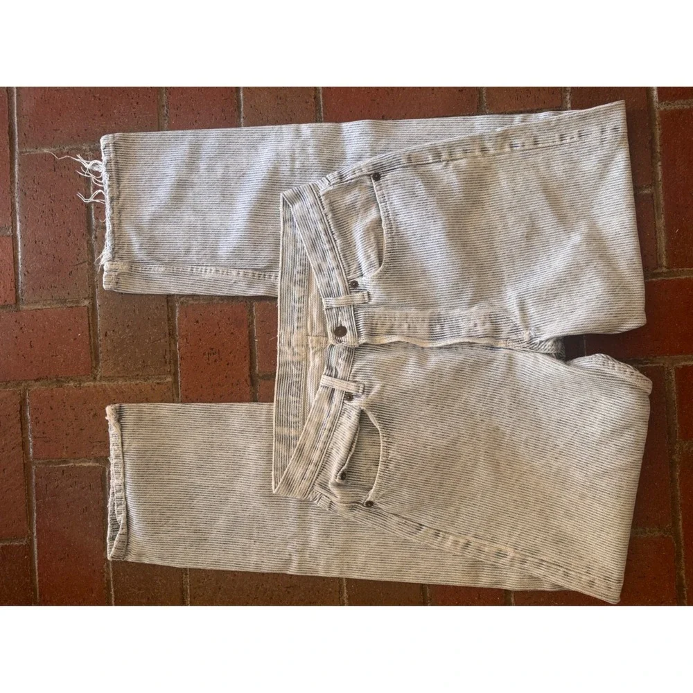 Vintage Levi's Pinstripe Jeans Blue White Straight Leg Button Fly Frayed Hem